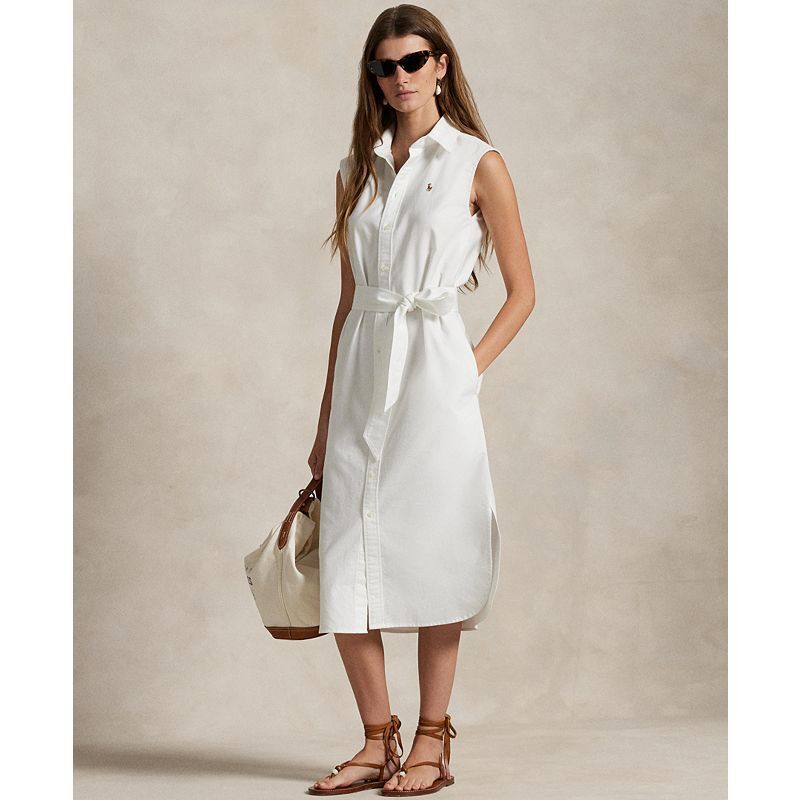 여성 벨트 옥스포드 민소매 Women's Belted Oxford Sleeveless Shirtdress  20230874 White