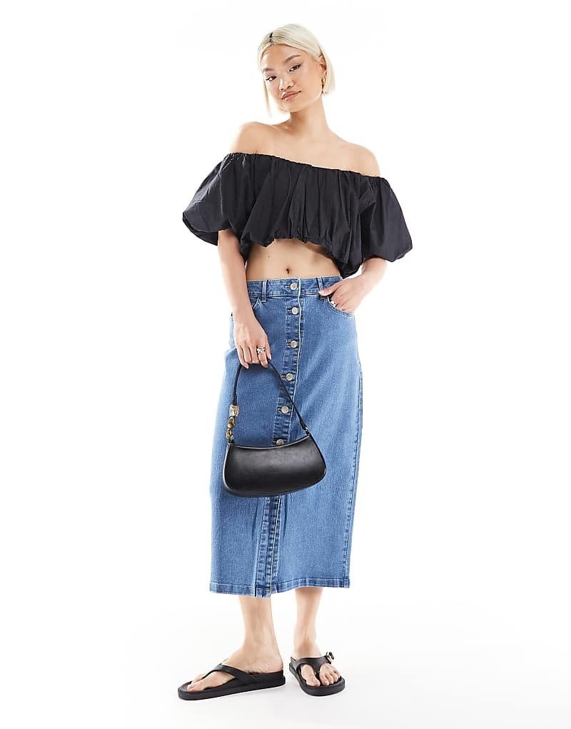 Midi-Jeansrock in hellblauer Waschung mit Knopfleiste vorne 208138369Helles Jeansblau