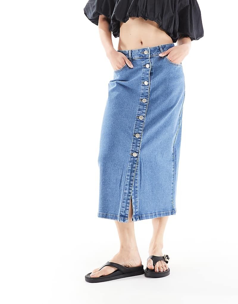 Midi-Jeansrock in hellblauer Waschung mit Knopfleiste vorne 208138369Helles Jeansblau