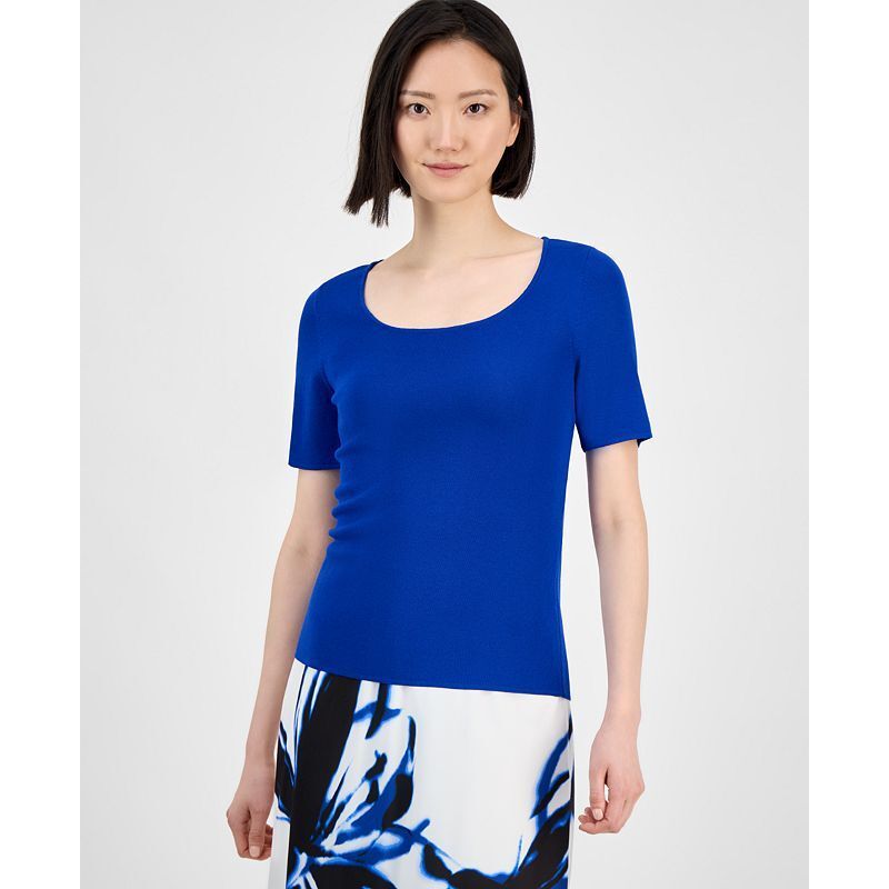 쁘띠 반팔 스웨터 Petite Square-Neck Short-Sleeve Sweater 21439848 Santorini Blue