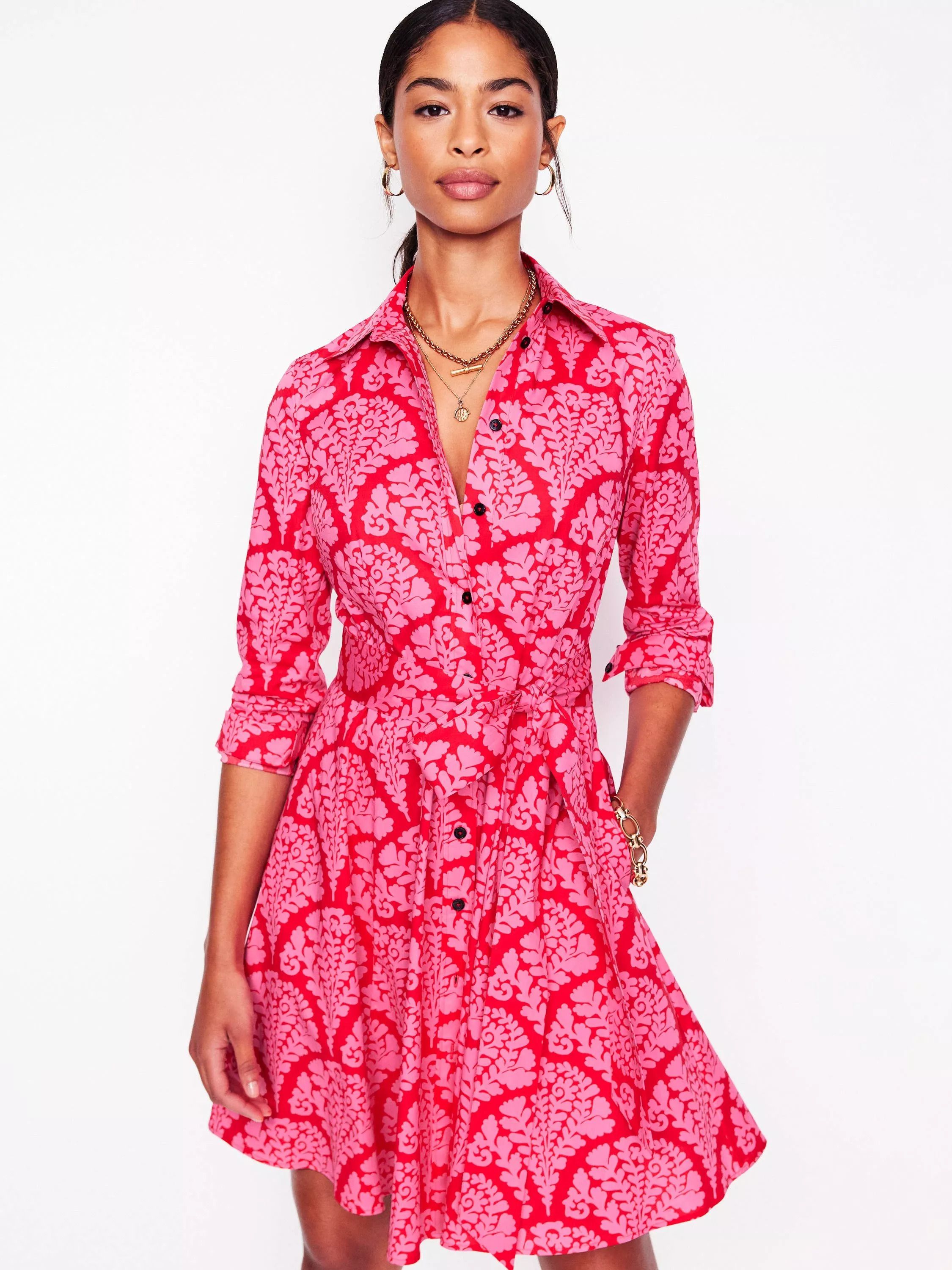 플로랄 미니 셔츠 드레스 Amy Floral Mini Shirt Dress, Red/Multi 113401972