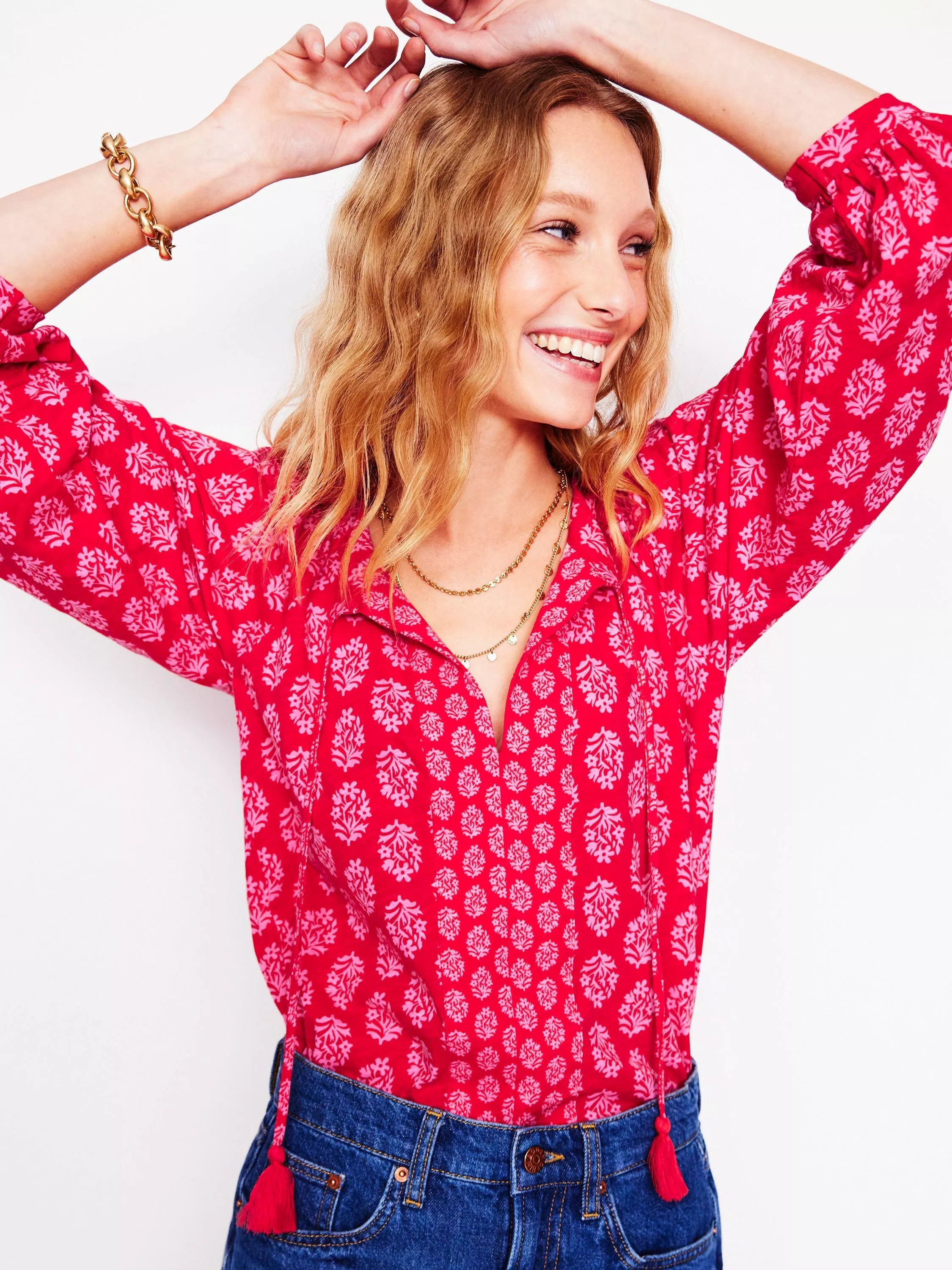 블루종 슬리브 블라우스 Blouson Sleeve Blouse, Red/Multi 113402051