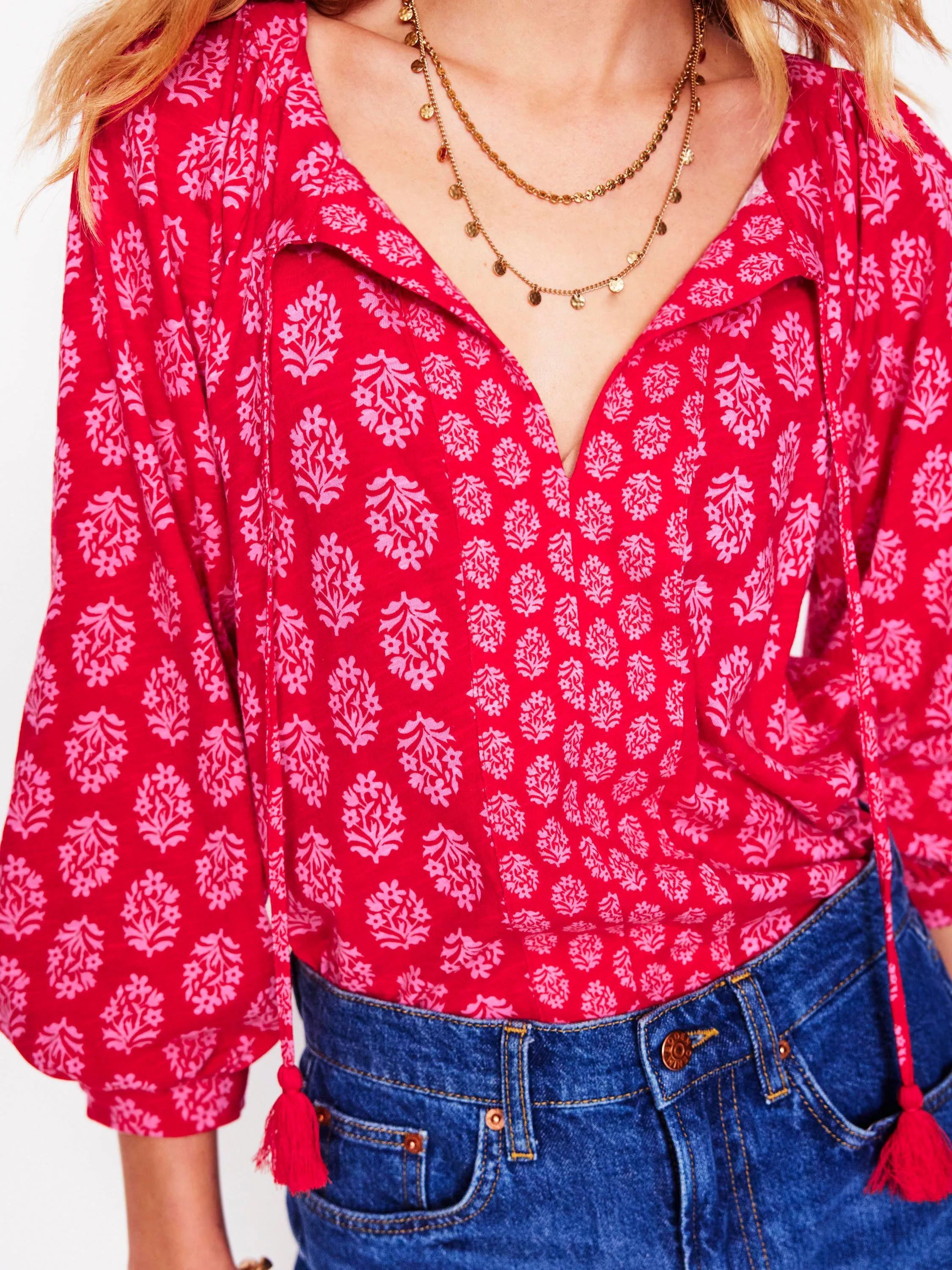 블루종 슬리브 블라우스 Blouson Sleeve Blouse, Red/Multi 113402051