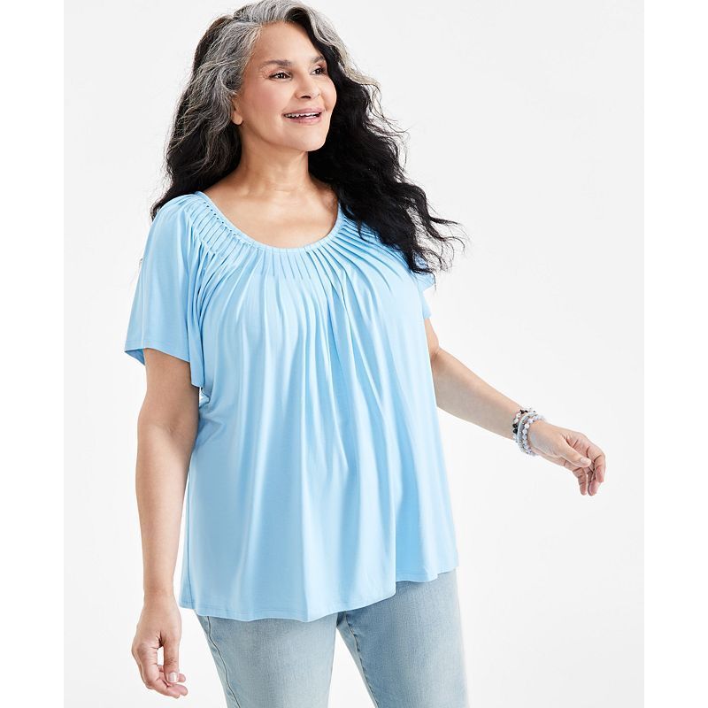탑 Plus Size Pleat-Neck Top, Created for Macy's 15762307 Blue Poppy