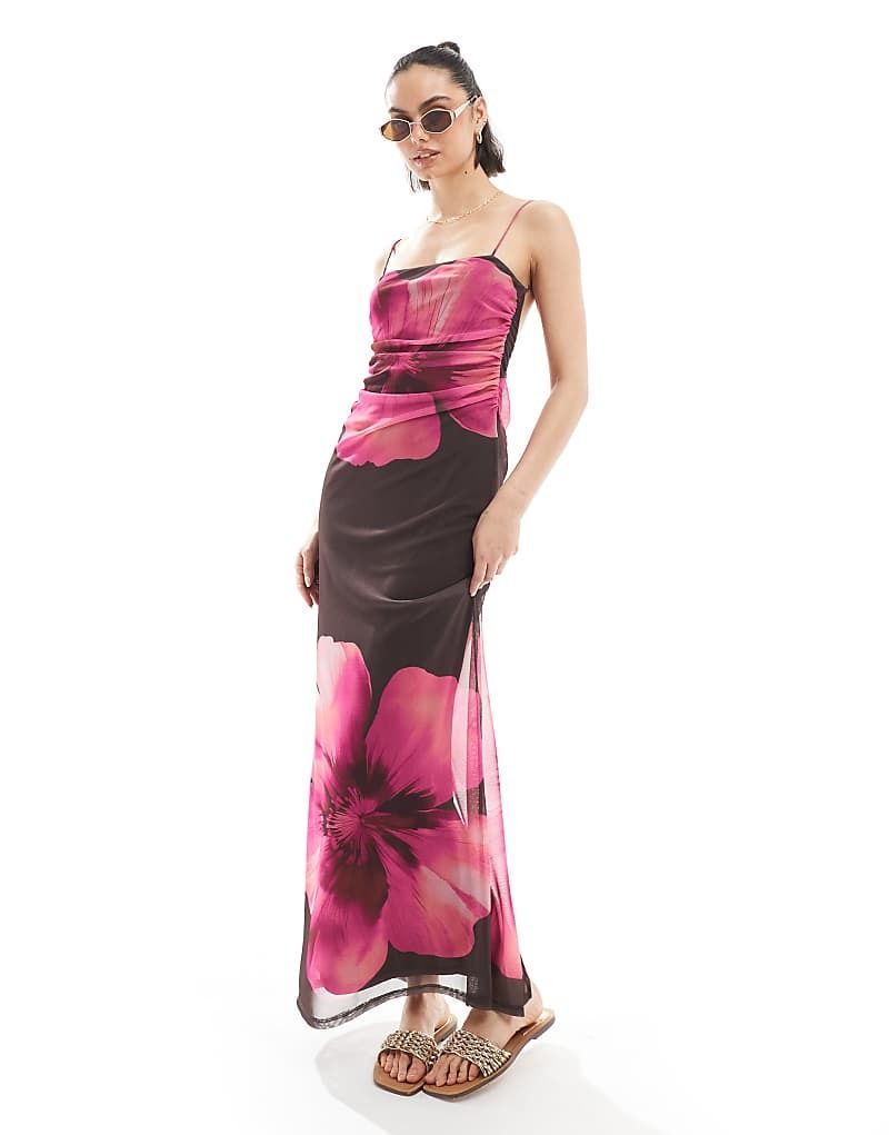 브라운 핑크 Maxikleid aus Netzstoff in Braun mit Blumenmuster in Rosa 208482601BUNT