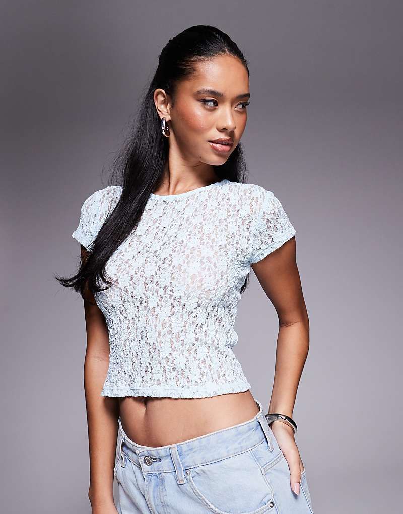 티셔츠 레이스 블루 Leicht transparentes, knapp geschnittenes T-Shirt aus Spitze in Blau 208397237Blau