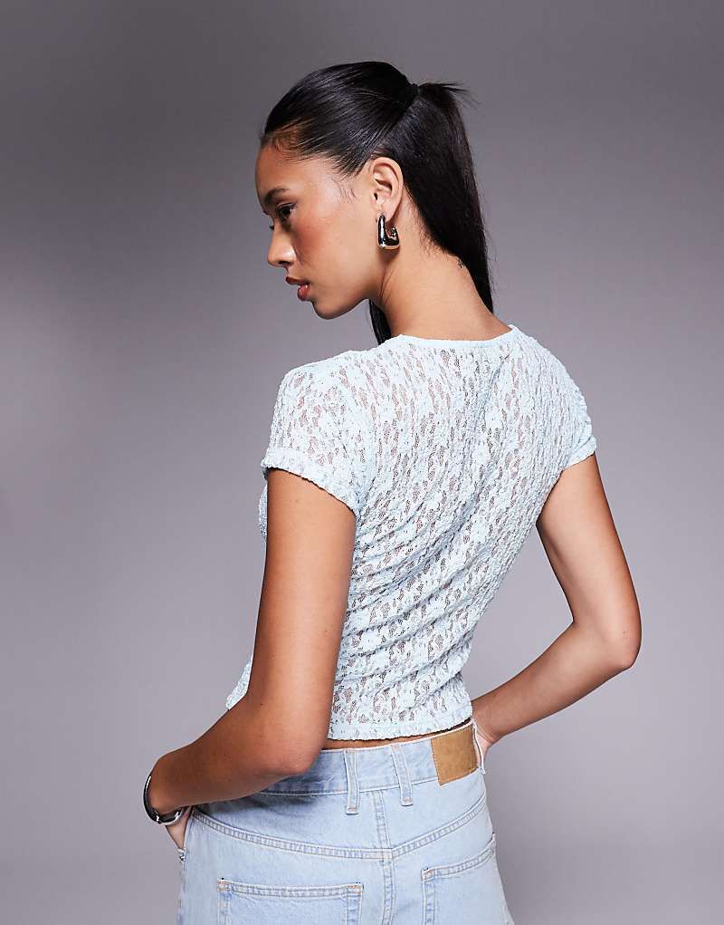 티셔츠 레이스 블루 Leicht transparentes, knapp geschnittenes T-Shirt aus Spitze in Blau 208397237Blau
