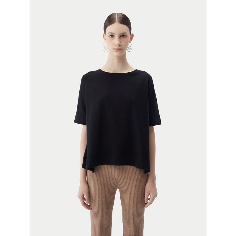 여성 코튼 실크 캐시미어 블렌드 티셔츠 Women's 100% Box-Cut Cotton Silk Cashmere Blend T-Shirt 21228004 Black-Strech Limo