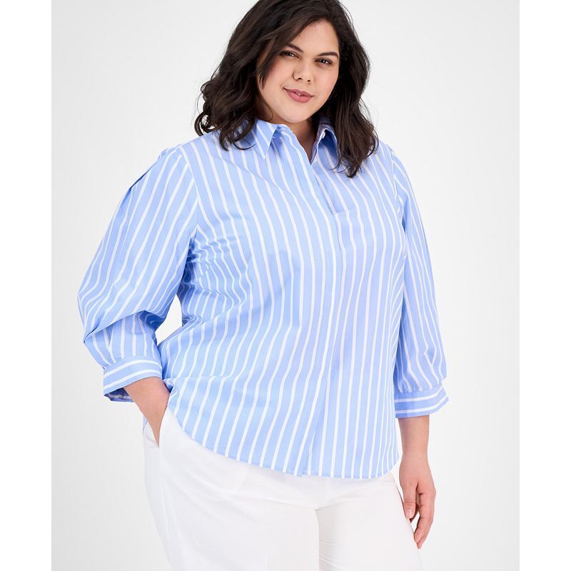 코튼 스트라이프 셔츠 Plus Size Cotton Striped 3/4-Sleeve Shirt 20738634 Sutf Blue/Bright White