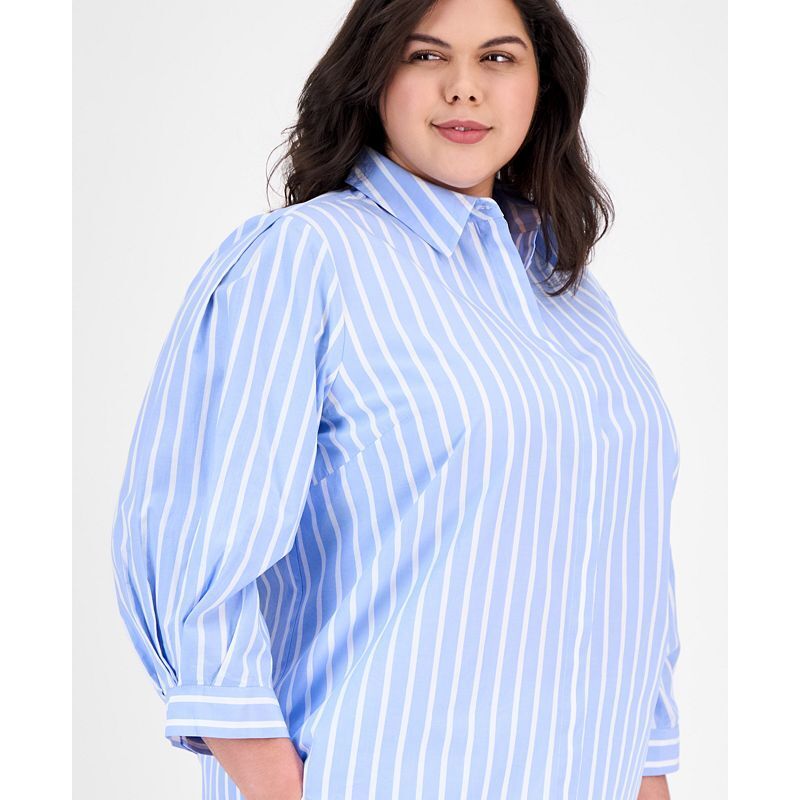 코튼 스트라이프 셔츠 Plus Size Cotton Striped 3/4-Sleeve Shirt 20738634 Sutf Blue/Bright White