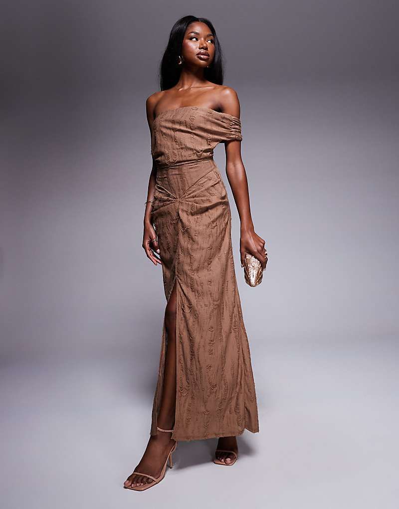 & Midikleid im Used-Look in Schokobraun mit Struktur, Bardot-Ausschnitt und unverarbeiteten Einsatzen 208164742Schokoladenbraun