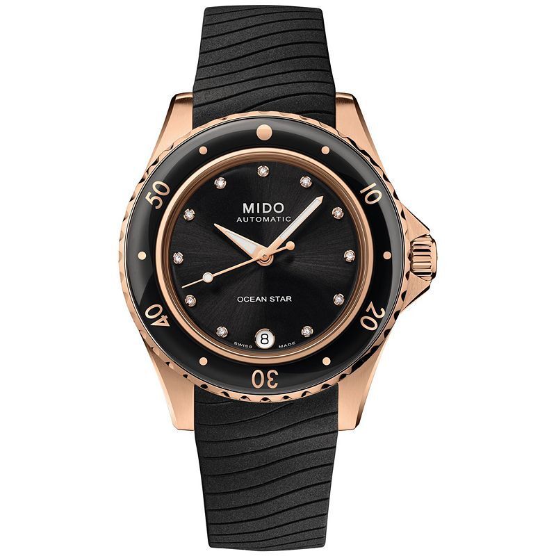 여성 오토매틱 별 다이아몬드 블랙 러버 스트랩 시계 Women's Swiss Automatic Ocean Star Diamond Accent Black Rubber Strap Watch 37mm 17983748 No Color