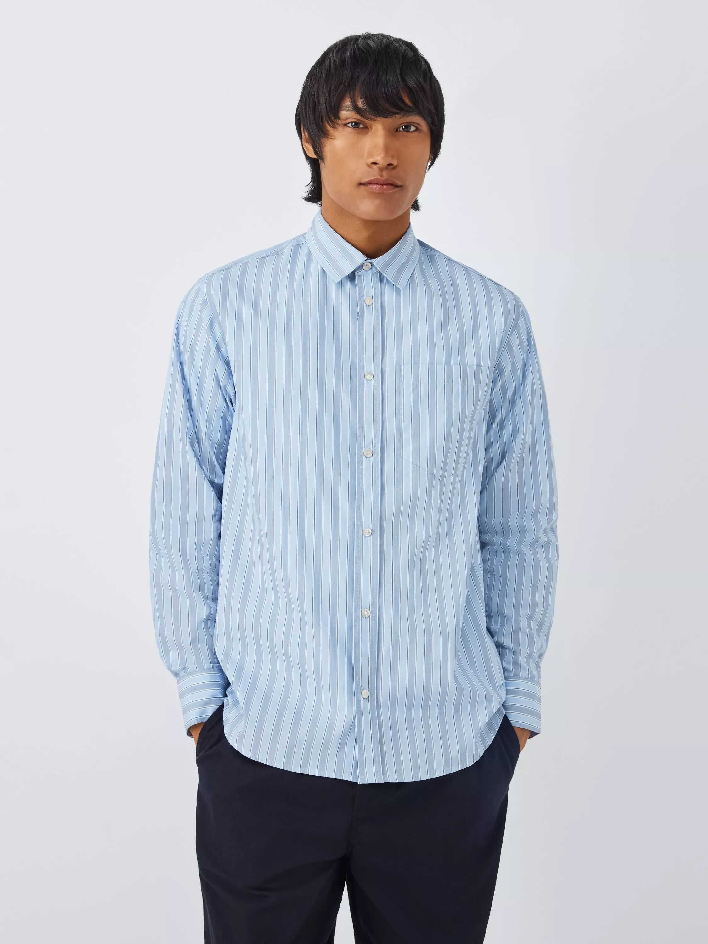 코튼 레귤러 핏 스트라이프 셔츠 샴브레이 블루 Nico Cotton Regular Fit Stripe Shirt, Chambray Blue 113068378