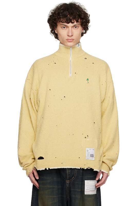 옐로우 니트 집업 스웨터 Yellow Distressed Knit Half Zip Sweater 17325701