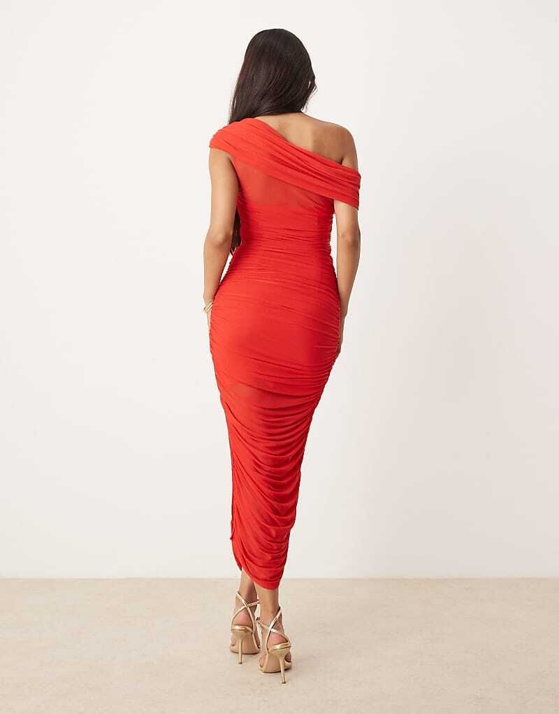 레드 Asymmetrisch gerafftes Midaxi-Kleid aus Netzstoff in Rot 207241195Rot