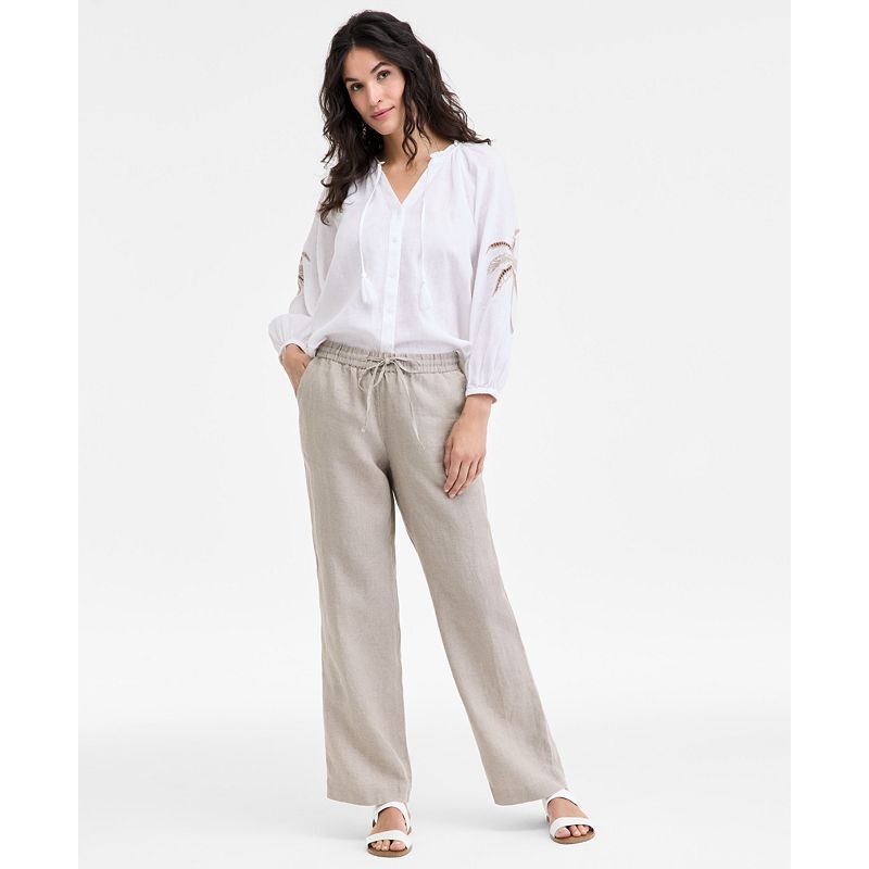 여성 린넨 드로우스트링 팬츠 Women's 100% Linen Drawstring Pants, Created for Macy's 12851119 Flax