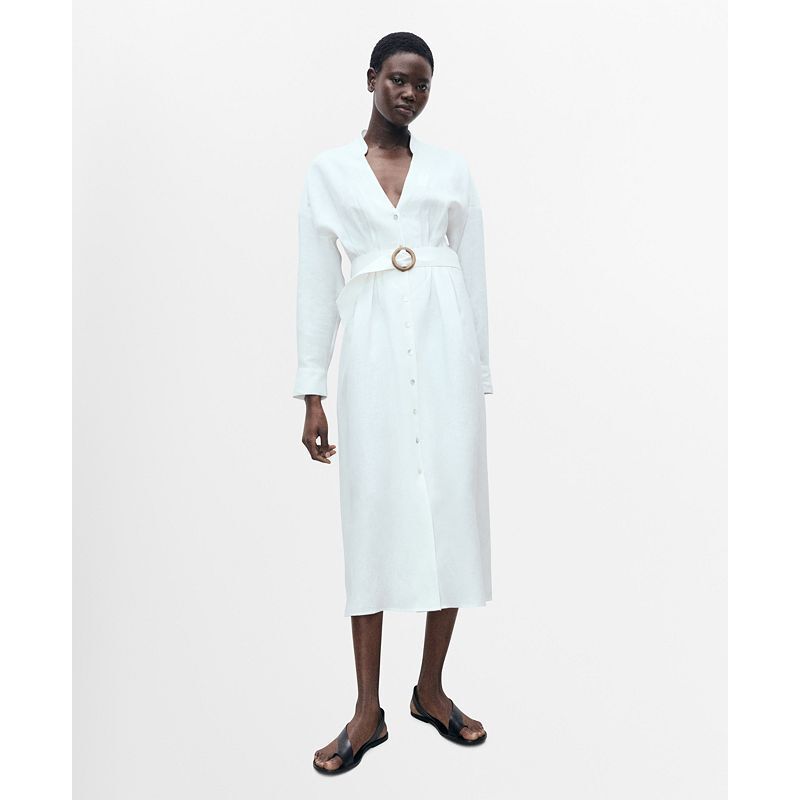 여성 벨트 린넨 셔츠 드레스 Women's Belt Linen Shirt Dress 20758811 White