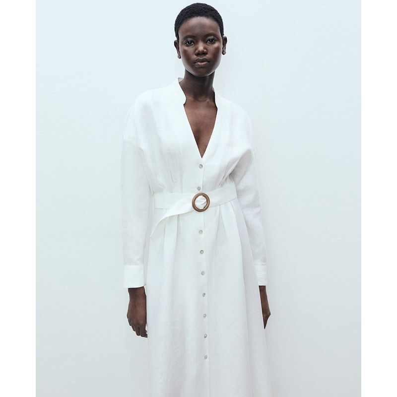 여성 벨트 린넨 셔츠 드레스 Women's Belt Linen Shirt Dress 20758811 White