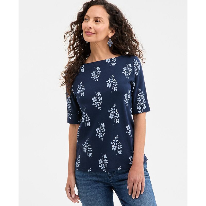 여성 프린팅 슬리브 탑 Women's Printed Boat-Neck Elbow Sleeve Top, Exclusively at Macy's 20399454 Floral Blue