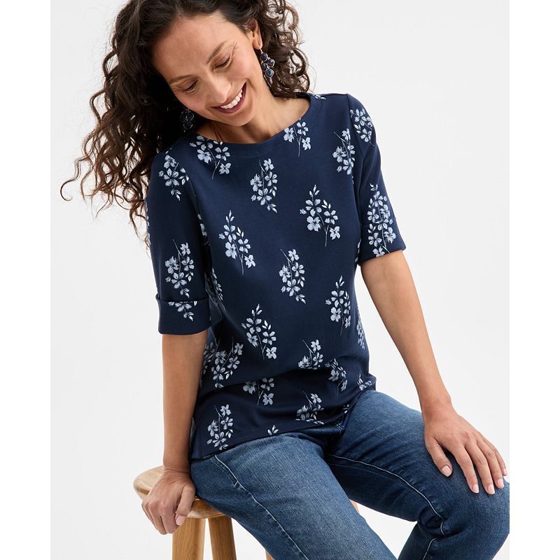여성 프린팅 슬리브 탑 Women's Printed Boat-Neck Elbow Sleeve Top, Exclusively at Macy's 20399454 Floral Blue