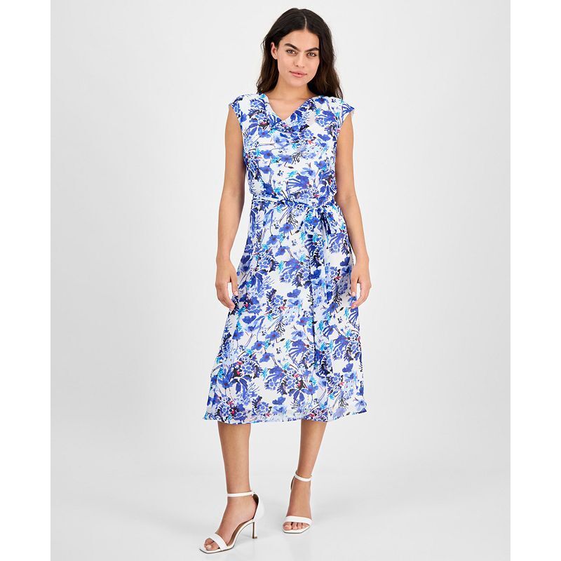 쁘띠 프린팅 미디 드레스 Petite Printed Tie-Waist Cap-Sleeve Midi Dress 21356328 Bright White Multi