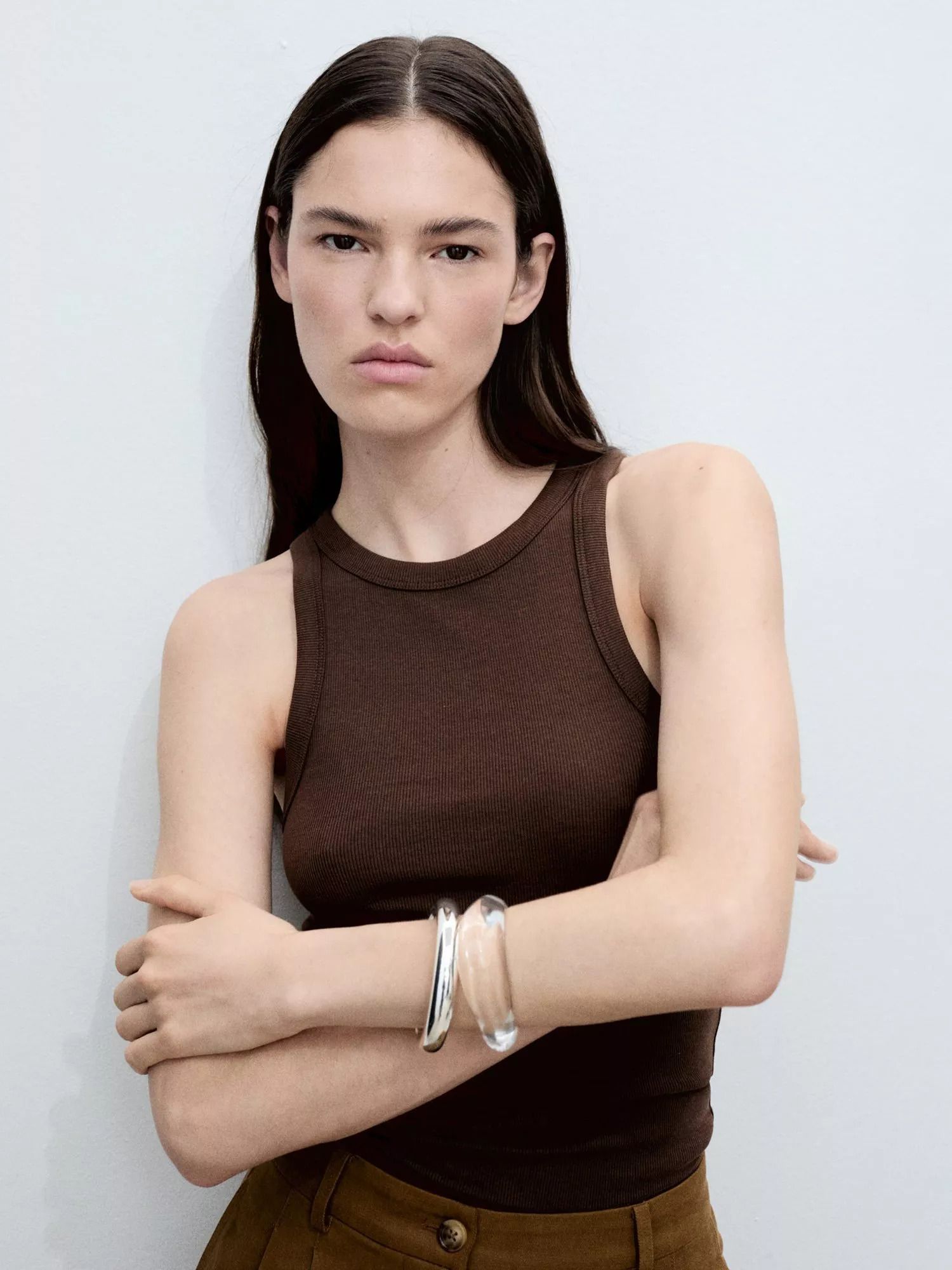 코튼 블렌드 민소매 탱크 탑 브라운 Boni Cotton Blend Sleeveless Tank Top, Brown 113497382