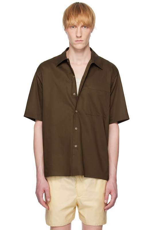 브라운 워시드 오픈 넥 카라 슬리브 셔츠 Brown Washed Finx Typewriter Open Collar Half Sleeved Shirt 17401291