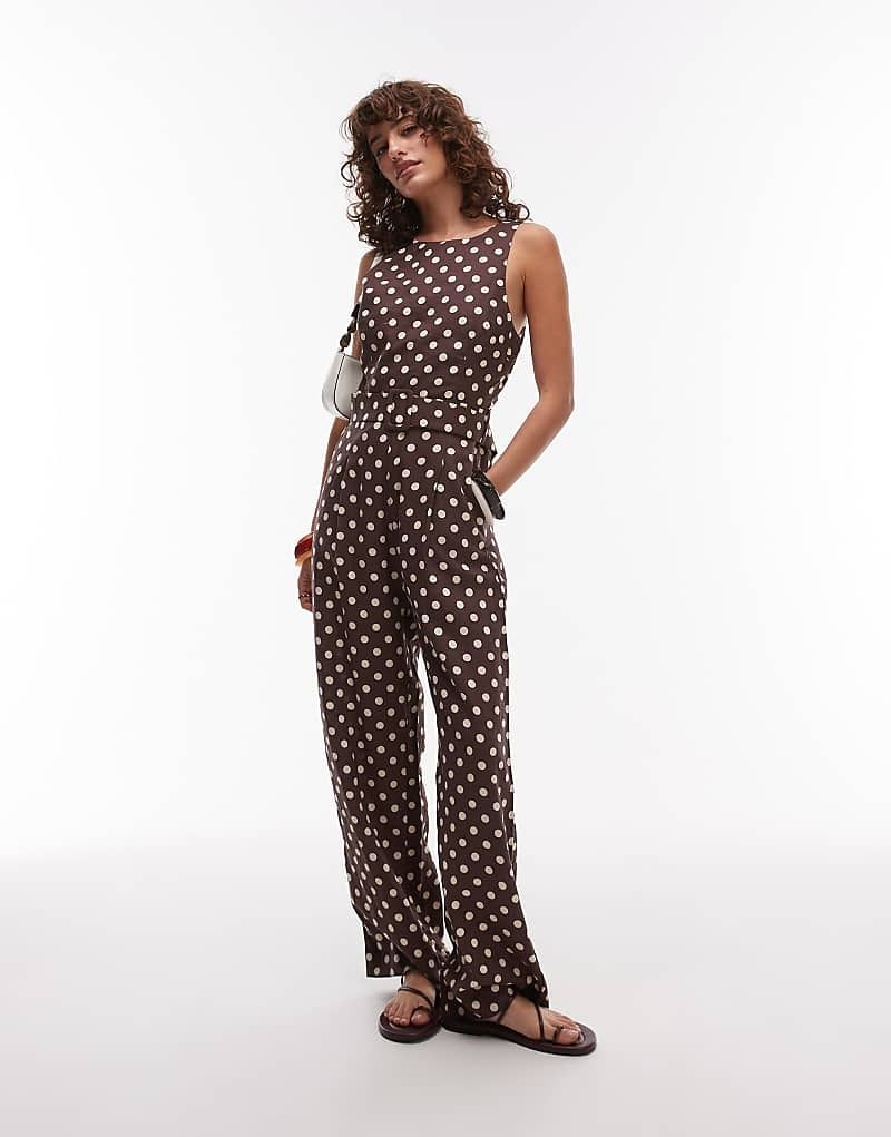 점프수트 브라운 Hochgeschlossener Jumpsuit in gepunktetem Braun mit geradem Bein 208583333BRAUN