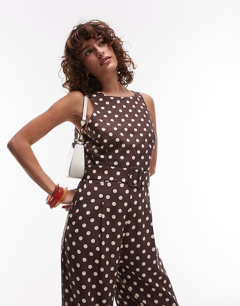 점프수트 브라운 Hochgeschlossener Jumpsuit in gepunktetem Braun mit geradem Bein 208583333BRAUN