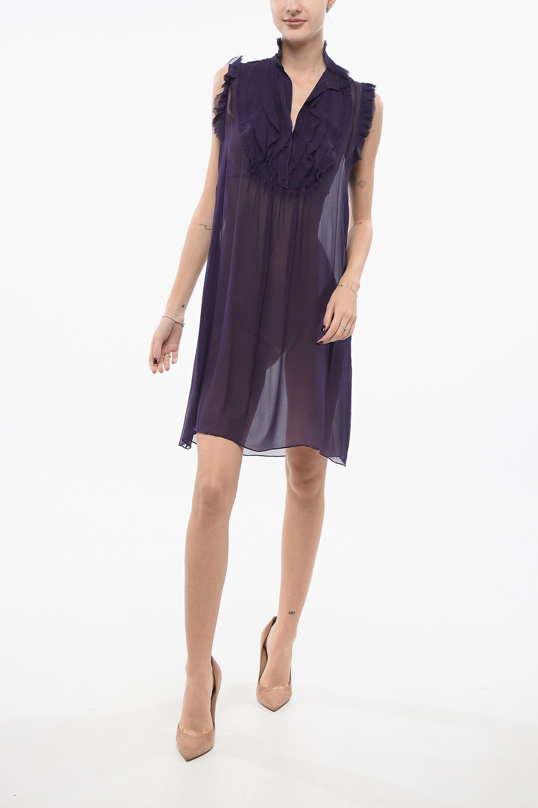 실크 민소매 드레스 Silk Sleeveless Dress with Raw-cut Trims 653089