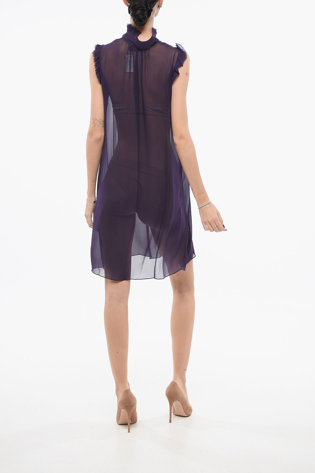실크 민소매 드레스 Silk Sleeveless Dress with Raw-cut Trims 653089