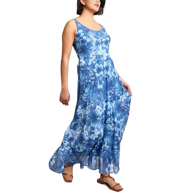 여성 프린팅 쉬폰 맥시 드레스 Women's Printed Chiffon Scoop-Neck Maxi Dress 21552688 Mystic Blue Multi