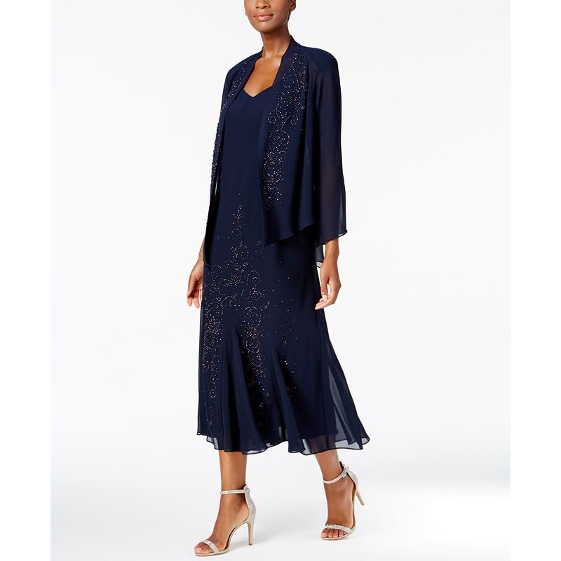 민소매 브이넥 드레스 자켓 R&M Richards Sleeveless Beaded V-Neck Dress and Jacket 476227 Navy