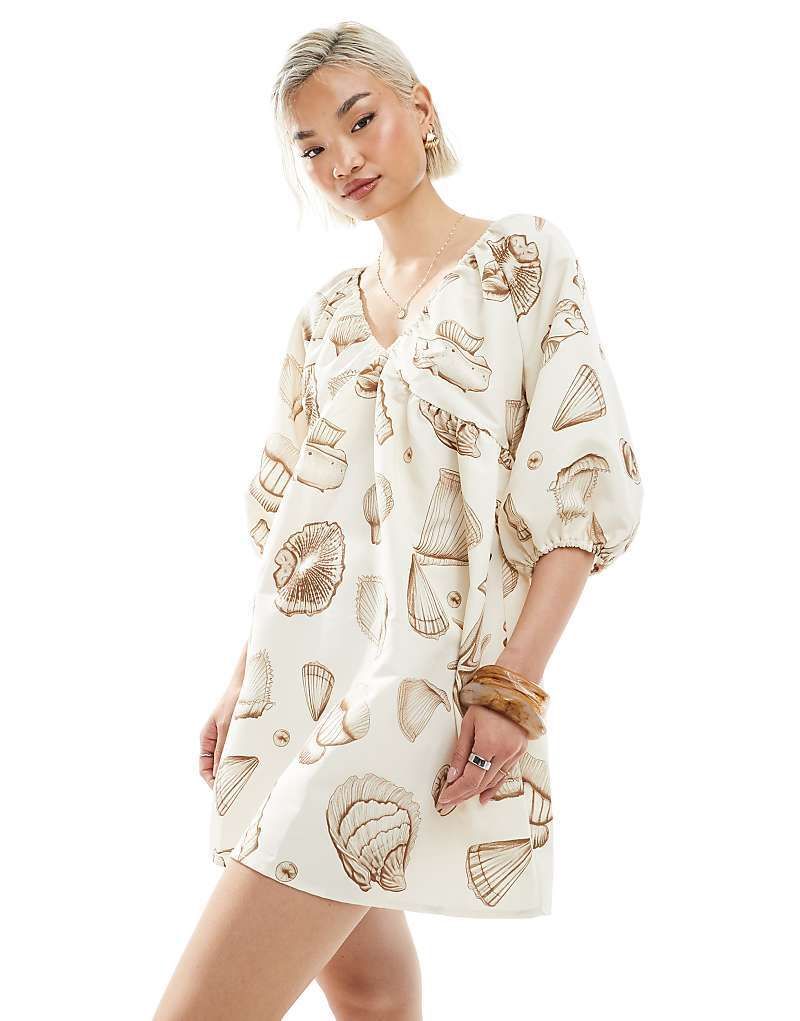 & Minikleid in Neutral mit Blousonarmeln und Muschelmuster 208419400Cremefarben