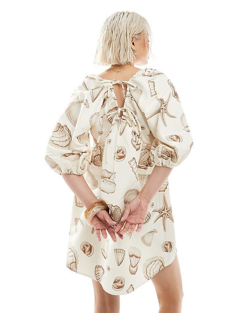 & Minikleid in Neutral mit Blousonarmeln und Muschelmuster 208419400Cremefarben