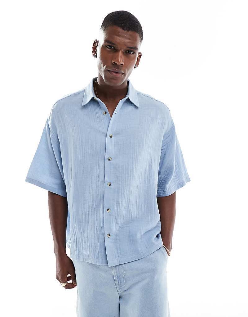 레귤러 핏 셔츠 블루 Regular Fit Hemd aus strukturiertem Mullstoff in Blau 208295534BLAU