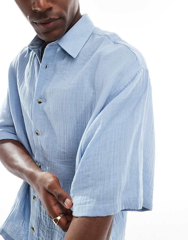 레귤러 핏 셔츠 블루 Regular Fit Hemd aus strukturiertem Mullstoff in Blau 208295534BLAU