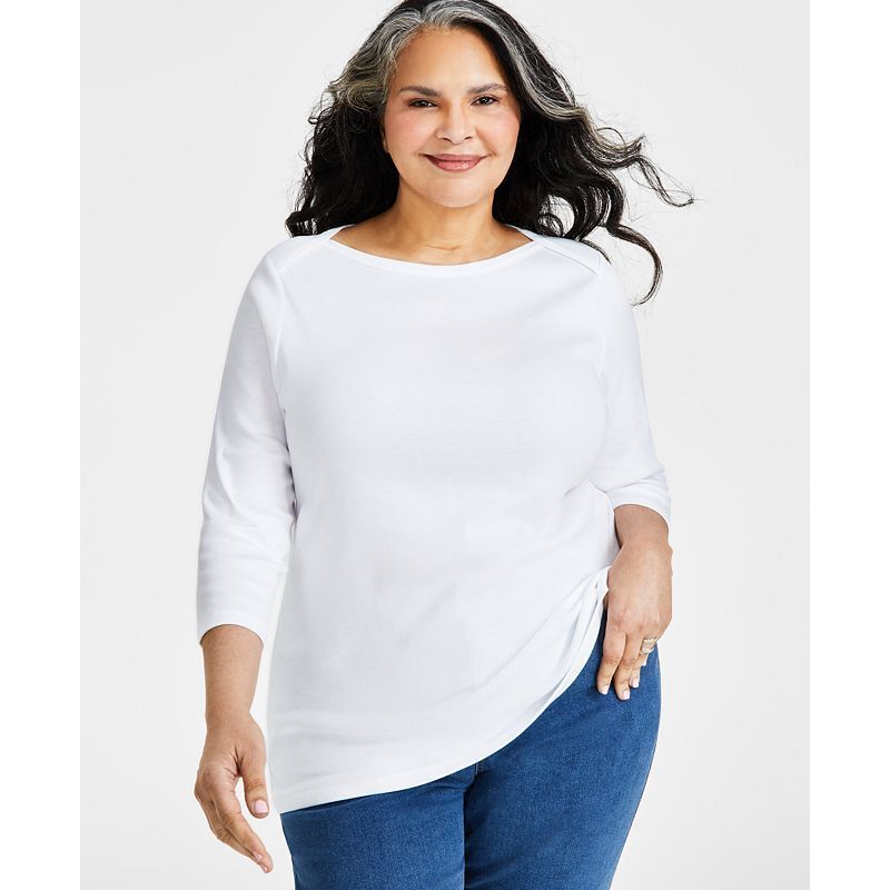 코튼 탑 Plus Size Pima Cotton 3/4-Sleeve Top, Exclusively at Macy's 16393315 Bright White