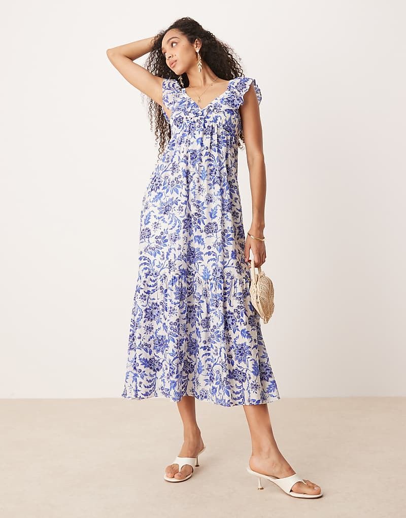 블루 & Midikleid in Blau mit Pflanzenprint und Ruschenarmeln 208693863BLAU