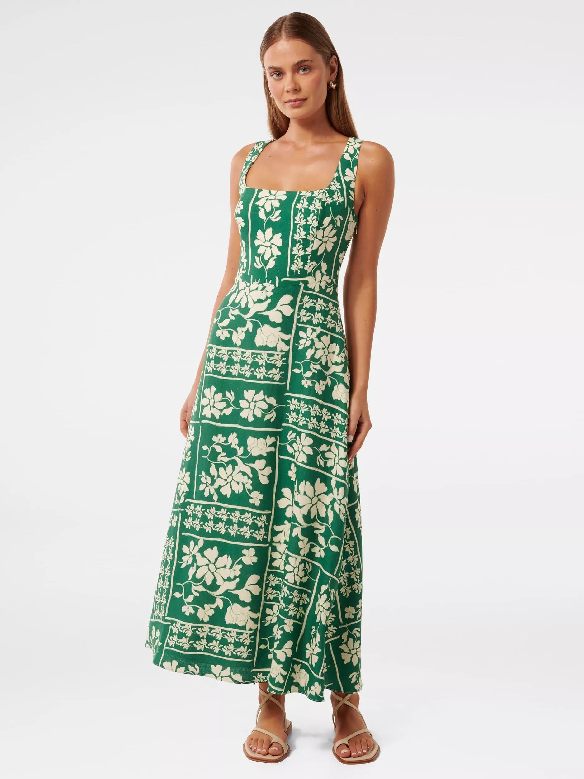 스퀘어 넥 린넨 미디 드레스 롤라 그린 Tori Square Neck Linen Midi Dress, Lola Stencil Green 113667279
