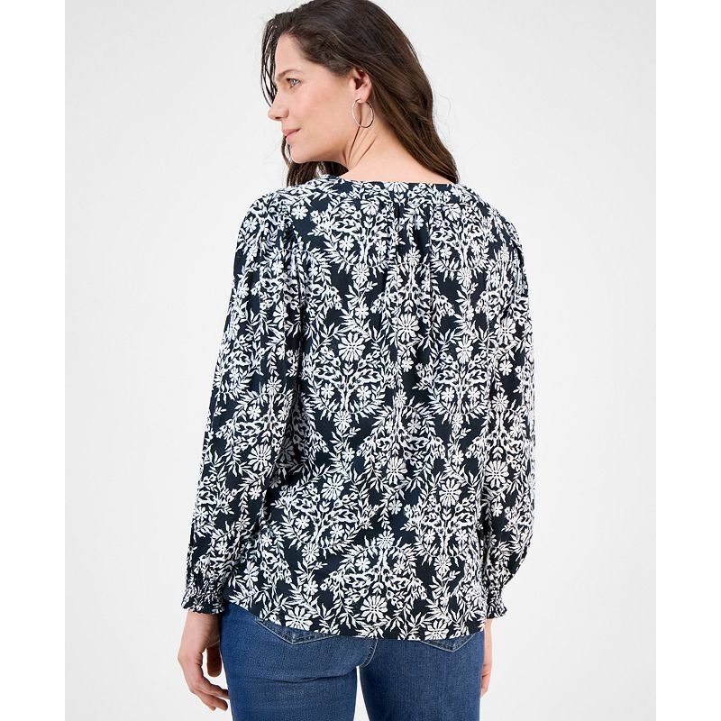 여성 프린팅 브이넥 탑 Women's Printed V-Neck Smocked-Cuff Top, Exclusively at Macy's 19785496 Floral Black