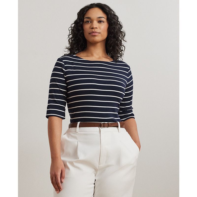 스트라이프 코튼 티셔츠 Plus Size Striped Cotton Boatneck T-Shirt  11346805 Lauren Navy/White