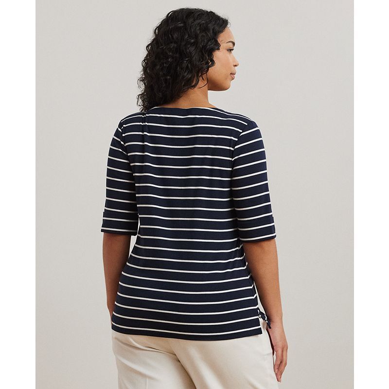 스트라이프 코튼 티셔츠 Plus Size Striped Cotton Boatneck T-Shirt  11346805 Lauren Navy/White