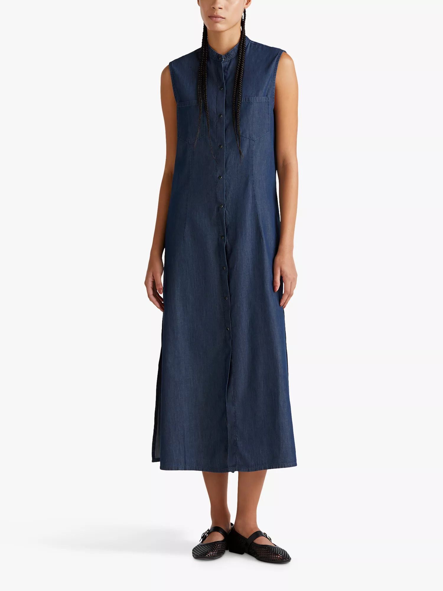 민소매 데님 드레스 다크 블루 Sleeveless Denim Dress, Dark Blue 113606598