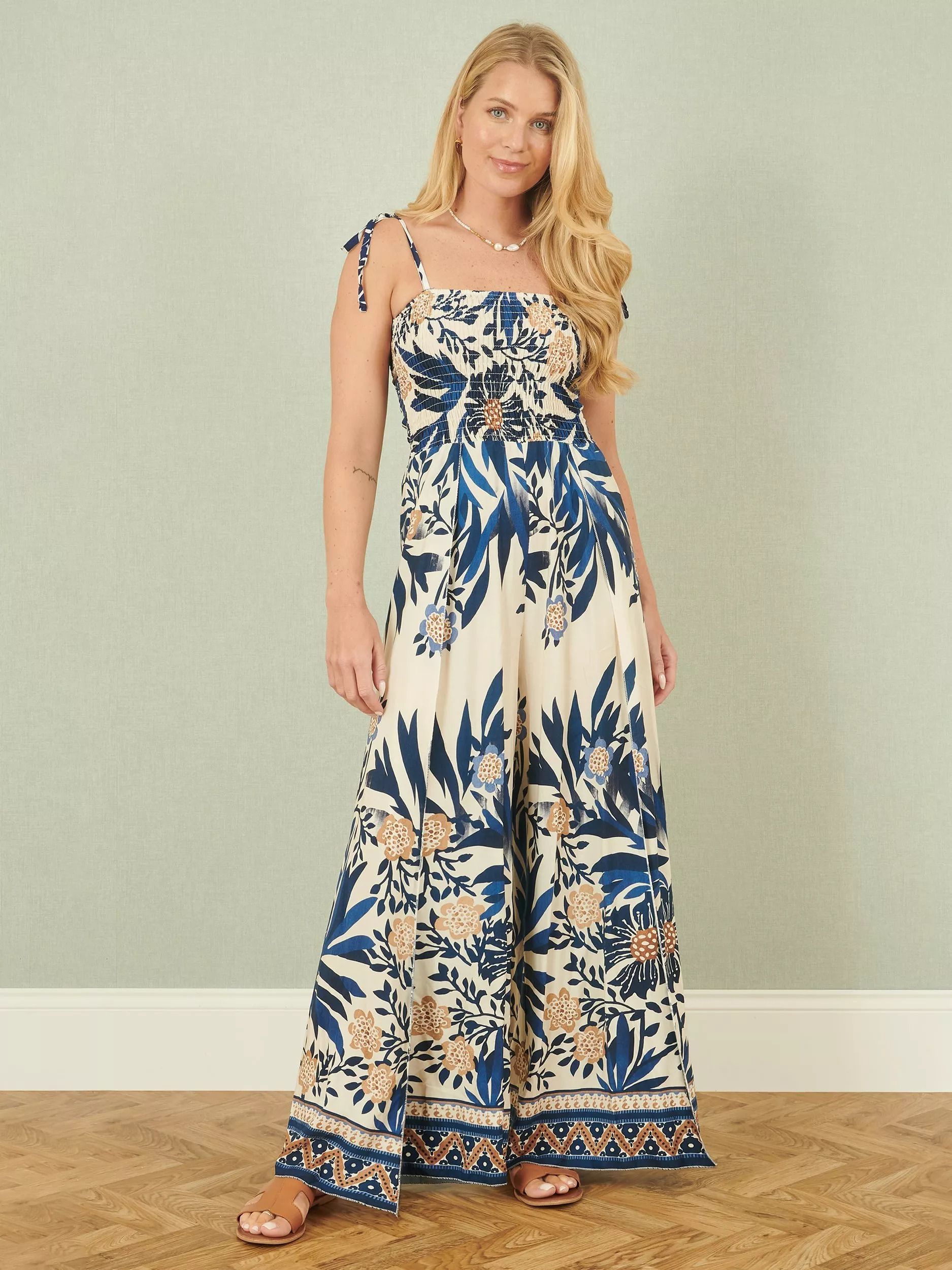 프린트 와이드 점프수트 Palm Print Wide Leg Jumpsuit 113621510 Navy