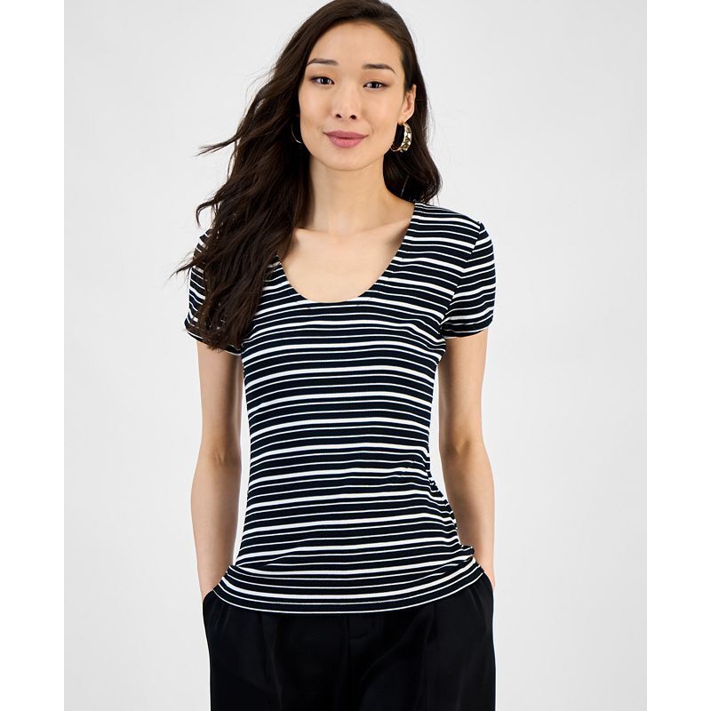 여성 탑 Women's Ribbed Scoop-Neck Top, Exclusively at Macy's 20008000 Oda Stripe Blk