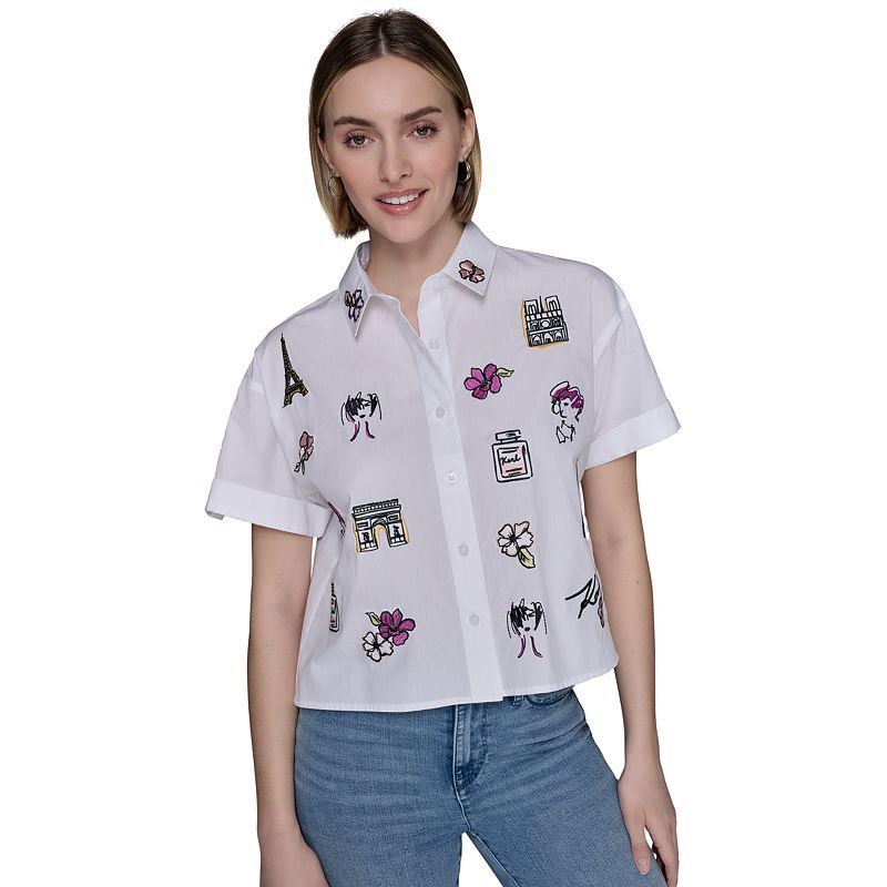 쁘띠 코튼 자수 반팔 셔츠 Petite Cotton Embroidered Short-Sleeve Shirt 21893944 White