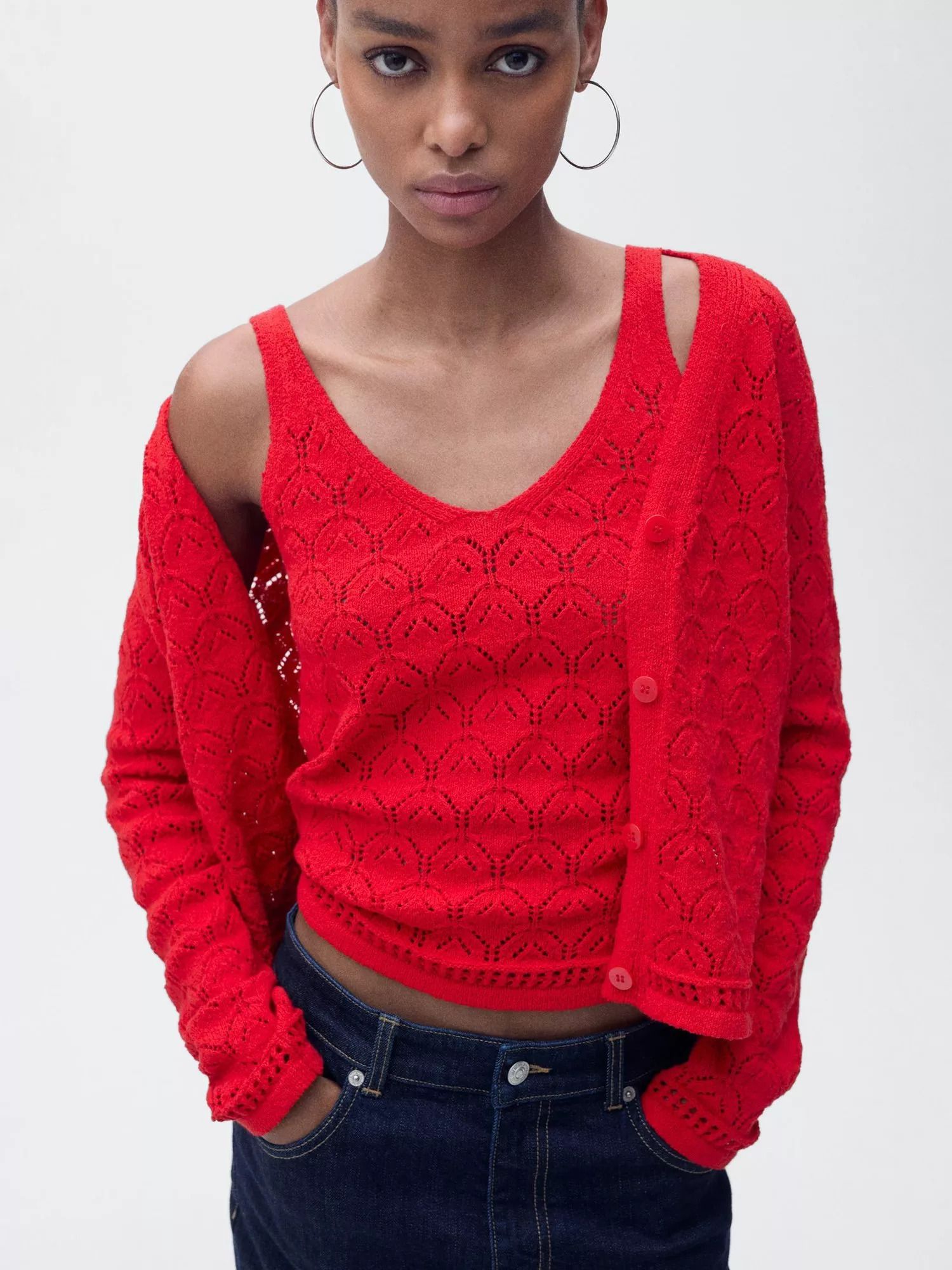코튼 블렌드 민소매 탑 레드 Sito Cotton Blend Sleeveless Top, Red 113596155