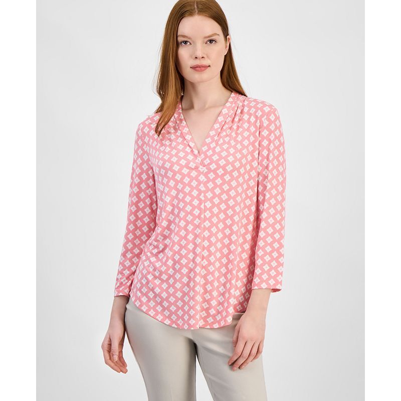 여성 프린트 솔리드 슬리브 브이넥 니트 탑 Women's Print & Solid 3/4 Sleeve V-Neck Knit Top, Created for Macy's 16220203 Floral Peony Combo