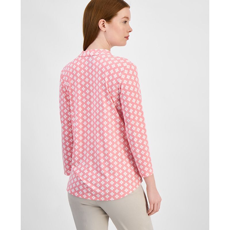 여성 프린트 솔리드 슬리브 브이넥 니트 탑 Women's Print & Solid 3/4 Sleeve V-Neck Knit Top, Created for Macy's 16220203 Floral Peony Combo